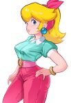  1girl absurdres aqua_shirt belt blonde_hair blue_eyes bracelet collared_shirt commentary earrings english_commentary gold_bracelet hairband hand_on_own_hip highres jewelry lazy_eye mario_(series) mario_kart mario_kart_world mineru128127 pants pink_belt pink_hairband pink_pants ponytail princess_peach princess_peach_(sightseeing) shirt sphere_earrings white_background 