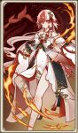  1girl 40dujiu absurdres alternate_costume bare_shoulders bell china_dress chinese_clothes chinese_commentary closed_mouth commentary_request dress fire fu_hua fu_hua_(fenghuang_of_vicissitude) genius_invokation_tcg_(style) hair_between_eyes hair_ornament highres honkai_(series) honkai_impact_3rd long_hair long_sleeves looking_at_viewer multicolored_hair red_eyes red_hair solo streaked_hair watermark white_dress white_hair 