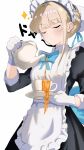  1girl apron black_dress black_ribbon blonde_hair blue_archive blue_bow blue_bowtie blunt_bangs blush bow bowtie braid bun_cover closed_eyes closed_mouth commentary_request cowboy_shot cup doyagao dress failure frilled_apron frills gloves hair_bun hair_intakes hair_ribbon half_up_braid highres holding holding_teapot juliet_sleeves karaage_nyotaimori long_sleeves maid maid_apron maid_headdress medium_hair pouring puffy_sleeves ribbon sidelocks simple_background single_hair_bun smug solo sparkle tea teacup teapot toki_(blue_archive) white_apron white_background white_gloves you're_doing_it_wrong 