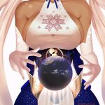  1girl absurdres bare_shoulders blonde_hair breasts dark-skinned_female dark_skin dress earth_(planet) elbow_gloves giant giantess gloves head_out_of_frame highres hololive hololive_english large_breasts long_hair planet sideboob simple_background solo spicyyrum star_(symbol) star_print tsukumo_sana twintails twitter_username very_long_hair white_background white_gloves 