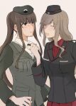  2girls alternate_costume black_necktie brown_hair collared_shirt commentary_request emblem girls_und_panzer girls_und_panzer_senshadou_daisakusen! japanese_tankery_league_(emblem) kuromorimine_(emblem) kuromorimine_military_uniform long_hair multiple_girls necktie necktie_grab neckwear_grab nishizumi_shiho official_alternate_costume selection_university_military_uniform shimada_chiyo shirt sweat yuuhi_(arcadia) 