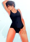  1girl armpits bare_shoulders black_eyes black_hair blue_swimsuit blush dark-skinned_female dark_skin highres lying on_back one-piece_swimsuit original parted_lips short_hair solo swimsuit tanaka_yutaka wet 