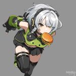  1girl anby_demara artist_name bare_shoulders black_gloves black_skirt black_thighhighs braid breasts burger commentary_request detached_sleeves english_commentary fingerless_gloves food food_in_mouth foot_out_of_frame gloves green_jacket grey_background headphones highres jacket kurimako looking_at_viewer medium_breasts miniskirt mixed-language_commentary mouth_hold orange_eyes running short_hair simple_background single_braid skirt solo thighhighs white_hair zenless_zone_zero 