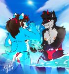 anthro band-aid bandage bulge bulge_from_behind clothed clothing dantalos detailed_bulge duo fur hi_res lace male mrdarknesswolf mrdarknesswolf_(character) nipples playing romantic romantic_couple smile smiling_at_another speedo speedo_only splashing_water swimwear tanga topless water wet wet_body wet_fur