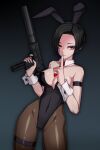  1girl absurdres animal_ear_hairband animal_ears black_hair black_leotard breasts commentary covered_navel detached_collar english_commentary fake_animal_ears finger_on_trigger finger_to_mouth gun hair_over_one_eye hairband highleg highleg_leotard highres holding holding_gun holding_weapon large_breasts leotard looking_at_viewer mac-10/11 mole mole_under_eye necktie original pantyhose playboy_bunny rabbit_ears red_eyes red_necktie short_hair shushing solo strapless strapless_leotard submachine_gun tanke_laide thigh_strap very_short_hair weapon wrist_cuffs 