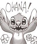  2022 absurd_res alien atsu_tento chest_tuft claws disney experiment_(lilo_and_stitch) fur greyscale hawaiian_text head_tuft hi_res lilo_and_stitch looking_at_viewer monochrome no_sclera notched_ear open_mouth open_smile pawpads raised_arms sketch smile solo stitch_(lilo_and_stitch) text tuft 