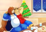  anthro bear blue_bottomwear blue_clothing blue_pants bottomwear christmas christmas_decorations christmas_lights christmas_star christmas_tree christmas_tree_robes clothing duo felid holidays juuichi_mikazuki male male/male mammal morenatsu pantherine pants plant red_clothing red_shirt red_tank_top red_topwear shirt tank_top tiger topwear torahiko_(morenatsu) tree white_clothing white_shirt white_topwear wo 