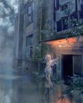  1girl angel_wings apartment bare_legs blurry blurry_background breasts building clothes_lift depth_of_field dress dress_lift halo hidari_(nanmu-left) highres leaf light looking_ahead open_door open_window original outdoors plant puddle rain reflective_floor scenery short_hair solo standing white_dress white_hair window wings 