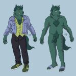  anthro areola ball_tuft balls beard belly black_nails bottomwear canid canine canis chest_tuft claws clothed clothing colored_nails denim denim_clothing digital_media_(artwork) erection facial_hair fangs feet fingers fluffy fluffy_tail footwear fur genitals goatee green_areola green_balls green_body green_fur green_hair green_nipples green_nose green_penis green_skin hair hi_res humanoid humanoid_genitalia humanoid_penis jeans looking_at_viewer male mammal model_sheet mohawk nails nipples nude pants penis pubes sandals satyrspitstain satyrspitstain_(artist) sharp_claws sharp_teeth shirt shoes simple_background smile smiling_at_viewer solo teeth toes topwear tuft vein veiny_penis wolf yellow_eyes 