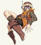  1girl bangs belt black_shorts blue_eyes blunt_bangs boots brown_footwear brown_shirt brown_socks chrono_trigger full_body glasses helmet hosodayo long_sleeves looking_to_the_side lucca_ashtear orange_tunic parted_lips purple_hair shirt short_hair shorts signature socks solo suspenders 