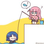  2girls ? absurdres blue_eyes blue_hair bocchi_the_rock! bucket chibi chibi_only closed_eyes fishing fishing_rod gotoh_hitori highres holding holding_fishing_rod jacket long_hair multiple_girls pink_hair pink_jacket pleated_skirt skirt speech_bubble spoken_animal twitter_username two-tone_background yakotako yamada_ryo 