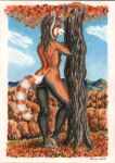  ailurid anthro autumn butt casual_nudity eye_contact female feral hi_res leaf looking_at_another mammal nude plant plantigrade red_panda rodent sciurid sky solo standing syntech traditional_media_(artwork) tree 