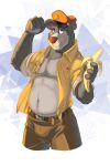  absurd_res anthro baloo banana belly bulge clothed clothing disney food fruit hat headgear headwear hi_res leo-artis male mammal open_clothing open_shirt open_topwear plant shirt solo talespin the_jungle_book topwear ursid 