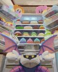  bat_wings boots cake candy colored_skin desert food fruit gloves glowing glowing_eyes highres house kirby kirby_(series) looking_at_another looking_down looking_up mask meta_knight miclot open_mouth outstretched_arms pink_skin purple_skin refrigerator spread_arms strawberry waddle_dee wings yellow_eyes yellow_skin 