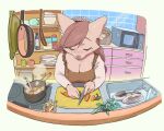 anthro appliance breasts brown_body brown_fur brown_hair canid canine carrot cleavage clothed clothing container cooking cooking_pot cookware cup cutlery cutting_board dirty_dishes dishes female food frying_pan fur hair hair_to_side hi_res holding_food holding_object kerchief kitchen kitchen_appliance kitchen_cabinet kitchen_counter kitchen_knife kitchen_sink kitchen_stove kitchen_utensils knife long_hair long_sleeves looking_down mammal microwave_oven mole_under_eye mug plant solo standing stove tools vegetable yuve2625