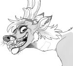  absurd_res anthro antlers back_tuft cervid cheek_tuft chin_tuft dipstick_ears facial_tuft fangs glistening glistening_eyes glistening_nose hair hi_res horn imperatorcaesar inner_ear_fluff insane looking_at_viewer male mammal monochrome multicolored_ears pupils solo square_pupils tongue tongue_out tuft 
