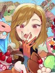  1other absurdres ahoge black_shirt blue_jacket blush bob_cut candy cherry churro commentary_request covering_own_mouth fingernails food fruit fur-trimmed_jacket fur_trim gloves gnosia hair_ornament hairclip hand_over_own_mouth high_collar highres ice_cream jacket long_sleeves macaron open_mouth orange_gloves other_focus pami_a117 parfait partially_fingerless_gloves red_eyes setsu_(gnosia) shirt strawberry strawberry_parfait surprised surrounded surrounded_by_food tanghulu waffle wide-eyed 