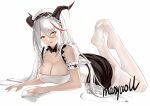  1girl :p aegir_(azur_lane) aegir_(iron_blood&#039;s_dragon_maid)_(azur_lane) arm_strap azur_lane bangs bare_shoulders black_skirt blush breasts cleavage feet_up full_body garter_straps hair_between_eyes horns large_breasts looking_at_viewer lying maid maid_headdress maoyao-ll no_shoes on_stomach simple_background skirt smile solo thighhighs tongue tongue_out white_background white_thighhighs yellow_eyes 