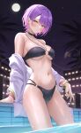  1girl absurdres alternate_costume bikini black_bikini black_choker blush breasts choker demon_girl demon_tail ear_piercing earrings full_moon gradient_hair green_eyes green_nails hair_ornament hairclip hashtag-only_commentary highres hololive jacket jewelry looking_at_viewer moon multi-strapped_bikini_bottom multicolored_hair nail_polish navel_piercing night o-ring o-ring_bikini off_shoulder outdoors palm_tree parallel_hairclips parted_lips partially_underwater_shot piercing pink_hair pointy_ears pool purple_hair revision shinigami_kiraki sky solo spiked_ear_piercing star_(sky) starry_sky stomach swimsuit tail tokoyami_towa tree virtual_youtuber wading water wet white_jacket x_hair_ornament 