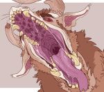  absurd_res bodily_fluids brown_body brown_eyebrows brown_fur cheek_tuft dipstick_ears eyebrows facial_tuft fangs front_view fur hi_res horn imperatorcaesar mouth_shot multicolored_ears neck_tuft open_mouth orange_eyes pink_tongue pupils red_inner_ear red_sclera saliva saliva_on_tongue saliva_string simple_background slit_pupils tan_ears tan_horn tan_teeth tongue tuft tusks 