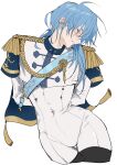  1boy arms_behind_back blue_capelet blue_hair blush bodysuit capelet commentary_request cropped_legs edmond_(nu_carnival) epaulettes gold_trim highres ikaremanju long_hair long_sleeves male_focus nu_carnival simple_background solo white_background white_bodysuit 