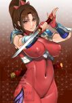  1girl bodysuit breasts brown_background brown_eyes brown_hair commentary_request covered_nipples cowboy_shot eyelashes fingerless_gloves gloves gradient_background high_ponytail holding holding_knife knife large_breasts long_hair ninja ponytail red_bodysuit red_gloves rosie_rosie short_sword shoulder_pads solo soulcalibur sword taki_(soulcalibur) tantou weapon 