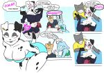 anthro big_breasts black_spots blue_body blue_fur blue_one-piece_swimsuit blush body_blush bottomwear bran-draws-things bran_(bran-draws_things) brandii_(bran-draws_things) breasts butt canid canine canis cleavage clothed clothing comic crop_top dalmatian dialogue dipstick_tail domestic_dog duo ear_piercing english_text eyeshadow eyewear female fishnet_stockings flirting fully_clothed fur glasses group hi_res hotpants lagomorph leaning leaning_forward leporid looking_at_viewer makeup male mammal markings midriff multiple_scenes navel one-piece_swimsuit pick-up_line piercing pink_eyewear pink_sunglasses purse rabbit rejection seductive shiba_inu shirt shorts smile smirk speech_bubble spit-take spitz spots sunglasses surprised swimwear tail tail_markings tan_body tan_fur text toki_(bran-draws-things) topwear trio white_body white_fur