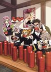  1girl bead_bracelet beads blind bracelet coat contest crossed_legs douma_(kimetsu_no_yaiba) eating facial_tattoo food food_in_mouth gloves green_eyes green_hair highres himejima_gyoumei ico_aico jewelry kanroji_mitsuri kimetsu_no_yaiba leather leather_belt long_hair miniskirt multicolored_hair multiple_boys muscular muscular_male noodles open_clothes open_coat open_mouth orange_hair pink_hair ponytail poster_(object) ramen red_eyes red_hair rengoku_kyoujurou scar scar_on_arm scar_on_face scared shinazugawa_sanemi short_hair sitting skirt sleeveless spiked_hair sweat sweatdrop tattoo thick_eyebrows uniform uzui_tengen wood wooden_table 