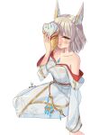  animal_ears bangs blunt_bangs breasts cat_ears chest_jewel grey_hair highres holding holding_mask mask nia_(blade)_(xenoblade) nia_(xenoblade) revvie short_hair simple_background small_breasts solo white_background xenoblade_chronicles_(series) xenoblade_chronicles_3 yellow_eyes 