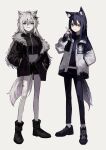  2girls absurdres animal_ears arknights black_footwear black_hair black_jacket black_pants black_shirt black_shorts boots cigarette cropped_shirt fur-trimmed_jacket fur_trim grey_hair grin hair_between_eyes hair_ornament hairclip hand_up hands_in_pockets highres holding holding_cigarette jacket lappland_(arknights) long_hair long_sleeves looking_at_viewer midriff multiple_girls navel off_shoulder open_clothes open_jacket pants penguin_logistics_logo shirt shoes shorts smile tail texas_(arknights) wolf_ears wolf_girl wolf_tail yellow_eyes yoon_cook 