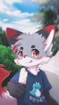 2020 4_fingers 9:16 anthro big_eyes biped blue_sky bodily_fluids cel_shading clothing cloud cloudy_sky cute_fangs day digital_drawing_(artwork) digital_media_(artwork) fangs fingers food forest forest_background fur grey_body grey_fur hi_res hlg7777 japanese_text kemono licking licking_lips looking_at_viewer male multicolored_body multicolored_fur nature nature_background outside plant popsicle print_clothing print_shirt print_t-shirt print_topwear red_body red_eyes red_fur shaded shirt sky slim_anthro slim_male solo summer sweat t-shirt teeth text text_on_clothing text_on_shirt text_on_t-shirt text_on_topwear tongue tongue_out topwear translation_request tree white_body white_fur