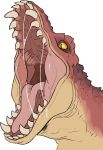  absurd_res ambiguous_gender dinosaur fangs hi_res imperatorcaesar mouth_shot open_mouth orange_sclera pink_tongue pupils red_body red_scales reptile scales scalie simple_background slit_pupils species_request tan_body tan_scales tongue white_background yellow_eyes 