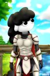  2020 anthro baterco black_eyes black_hair bovid caprine detailed_background female forest hair hi_res knight knight_armor looking_away mammal plant puffy_hair sheathed_sword sheep sheep_ears signature smile solo tree warrior white_body 
