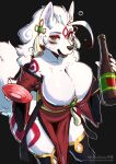  2022 absurd_res alcohol amaterasu anthro beverage big_breasts bottle breasts canid canine canis capcom cleavage clothed clothing deity drunk female green_eyes hi_res holding_object looking_at_viewer mammal simple_background solo substance_intoxication text the_dogsmith thick_thighs url video_games wolf ōkami 
