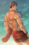  1boy back_focus bara brk_603 brown_hair from_behind highres korean_commentary lifeguard looking_at_viewer male_focus male_swimwear muscular muscular_male original sky swim_trunks swimsuit wet whistle whistle_around_neck wristband 
