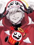  1boy avanokabeuch black_gloves commentary_request crazy_raccoon daruma_doll daruma_is_god earrings feathered_wings gloves grin hair_over_one_eye highres hood hoodie jewelry male_focus open_mouth red_hoodie smile solo_focus upper_body v white_hair wings yellow_eyes 