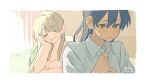  2girls after_sex blue_hair blush brown_hair closed_eyes closed_mouth collared_shirt commentary dated grin hickey highres long_hair looking_at_another love_live! love_live!_school_idol_project minami_kotori minamip multiple_girls orange_eyes shirt smile sonoda_umi sweat white_shirt yuri 