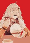  1girl ahoge arm_warmers black_ribbon bowl braid chopsticks collared_shirt commentary eating grey_eyes grey_hair hair_ornament highres holding holding_bowl holding_chopsticks kizuna_akari long_hair neck_ribbon oisiiidoo open_mouth orange_arm_warmers red_background ribbon rice_bowl shirt simple_background solo twin_braids vocaloid voiceroid white_shirt 