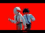  2boys :d akinashi_haru black_hair black_pants blood blood_on_clothes blue_necktie censored censored_identity chinese_commentary closed_eyes collared_shirt commentary_request cowboy_shot dress_shirt happy highres holding_hands itidny multiple_boys necktie pants pointing pointing_up red_background red_necktie saihate_eki shirt short_hair smile tatsunami_shion white_hair yellow_pants 