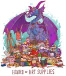  art_brush artist_name blue_background blue_scales border can colored_pencil colored_sclera commentary commission crayon dragon easel english_commentary english_text eraser head_tilt holding holding_paintbrush horns iguanamouth marker no_humans original paint paint_can paint_on_body paintbrush paper pastels pencil pile purple_horns purple_scales ruler scissors tape teeth watercolor_tray white_border yellow_eyes yellow_sclera 