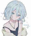  1girl black_camisole blue_eyes blue_hair camisole closed_mouth collarbone commentary_request expressionless flat_chest green_jacket hair_between_eyes half_updo jacket jewelry long_bangs looking_at_viewer mui_dayo61 necklace off_shoulder official_alternate_costume official_alternate_hair_length official_alternate_hairstyle open_clothes open_jacket project_sekai short_hair sidelocks simple_background single_bare_shoulder solo spaghetti_strap strap_slip treble_clef upper_body white_background yoisaki_kanade zozotown 