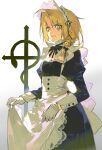  1boy ahoge alternate_costume apron apron_hold back_bow bags_under_eyes black_bow black_dress black_ribbon blonde_hair bow braid breast_cutout caley25364498 chinese_commentary clenched_teeth commentary cowboy_shot crossdressing crossdressing_(mtf) dress edward_elric empty_eyes flamel_symbol frilled_apron frills fullmetal_alchemist furrowed_brow gloves hair_bow hair_over_shoulder highres juliet_sleeves long_hair long_sleeves looking_at_viewer maid maid_headdress male_focus male_maid medium_hair neck_ribbon parted_bangs puffy_sleeves ribbon simple_background single_braid solo standing sweat teeth waist_apron white_apron white_background white_bow white_gloves yellow_eyes 