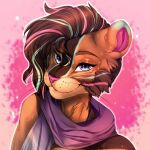  1:1 2022 anthro breasts brown_body brown_fur brown_hair clothed clothing digital_media_(artwork) felid feline female fur hair hi_res kristiana_puff mammal orange_body orange_fur pink_hair pink_nose purple_eyes smile 