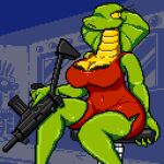  1:1 anthro big_breasts bra breasts clothed clothing digital_media_(artwork) dress eyelashes female green_body gun hi_res insaniousjaydonius navel_outline pp-91_kedr ranged_weapon red_clothing reptile scalie simple_background snake snake_hood solo submachine_gun tall thick_thighs tula_(insaniousjaydonius) underwear upscale weapon yellow_body yellow_eyes 