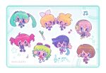  2boys 6+girls abby_(memedokies) artist_name blue_border border chibi chibi_only commentary english_commentary gumi hatsune_miku high_five highres kagamine_len kagamine_rin kaito_(vocaloid) kasane_teto kasane_teto_(utau) megurine_luka meiko_(vocaloid) multiple_boys multiple_girls musical_note star_(symbol) utau vocaloid 
