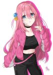  1girl black_choker black_pants black_shirt blue_eyes bocchi_the_rock! choker commentary_request cube_hair_ornament gotoh_hitori hair_ornament highres jacket kanaria_hisagi long_hair looking_at_viewer navel open_clothes open_jacket pants pink_hair pink_jacket shirt 