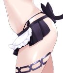  1girl apron ass black_bow black_skirt bow cocozasa commentary cowboy_shot frilled_apron frills hip_focus midriff miniskirt navel original panties simple_background skirt solo stomach string_panties thigh_strap underwear white_background 