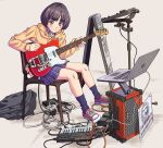  1girl backpack bag black_hair brown_eyes cable chair che_guevara computer electric_guitar fender_telecaster guitar highres hood hoodie instrument keyboard_(instrument) laptop miniskirt music ookiakito original playing_instrument shoes short_hair sitting skirt sneakers solo 