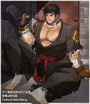  1boy abs artist_name bandaged_arm bandaged_leg bandages bara belt black_hair brick_wall brown_eyes chain collar cuffs door dougi dungeon_and_fighter facial_hair fighter_(dungeon_and_fighter) fingerless_gloves gloves grappler_(dungeon_and_fighter) hakama handcuffs highres japanese_clothes karate_gi large_pectorals male_focus manly mature_male muscular muscular_male on_floor outdoors pectorals scar scar_on_chest scared signature sitting solo spiked_hair stubble teeth tekkowang torn_clothes trash_can twitter_username wall 