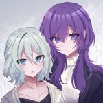  2girls asahina_mafuyu black_jacket black_shirt blue_eyes blush breasts closed_mouth collarbone commentary_request expressionless grey_background grey_hair hair_between_eyes highres jacket jacket_on_shoulders jellyfish_cut jewelry lapels long_bangs long_hair looking_at_viewer multiple_girls necklace notched_lapels official_alternate_costume official_alternate_hair_length official_alternate_hairstyle parted_lips plus_sign project_sekai purple_eyes purple_hair raised_inner_eyebrows ribbed_sweater shirt short_hair sidelocks siromiya_p smile sweater turtleneck turtleneck_sweater upper_body white_sweater yoisaki_kanade zozotown 